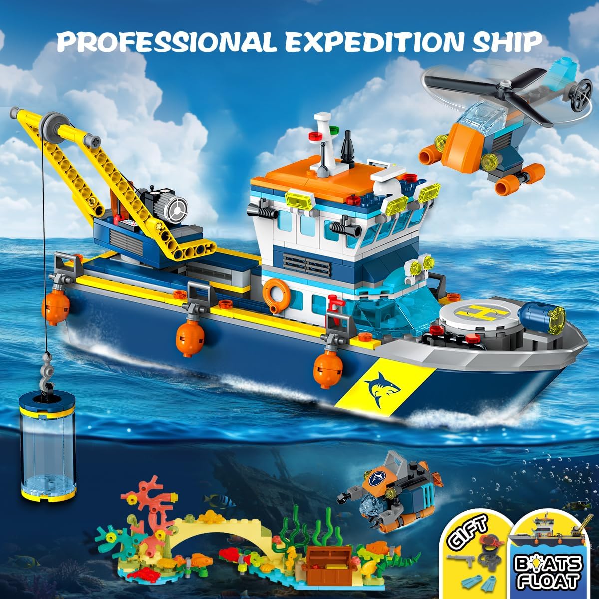 HiWEEGO City Floatable Boat Building Set with LED Light 542 Pieces Blue New image 4