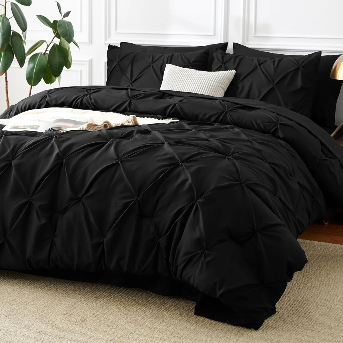 CozyLux Queen Comforter Set Black 7 Pieces Pintuck Bed in A Bag Pinch Pleat Microfiber - New