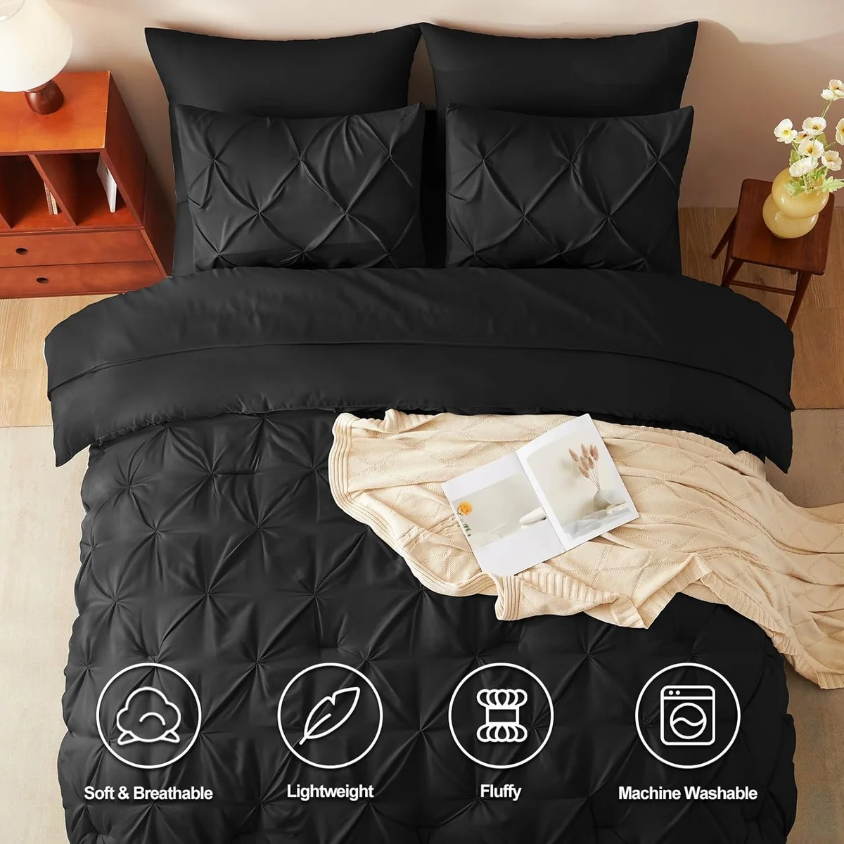CozyLux Queen Comforter Set Black 7 Pieces Pintuck Bed in A Bag Pinch Pleat Microfiber - New image 2