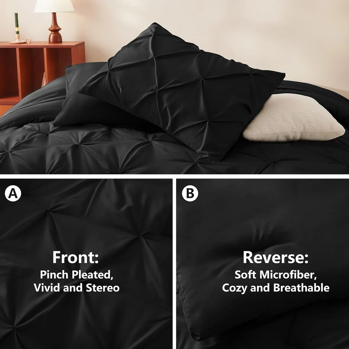 CozyLux Queen Comforter Set Black 7 Pieces Pintuck Bed in A Bag Pinch Pleat Microfiber - New image 3