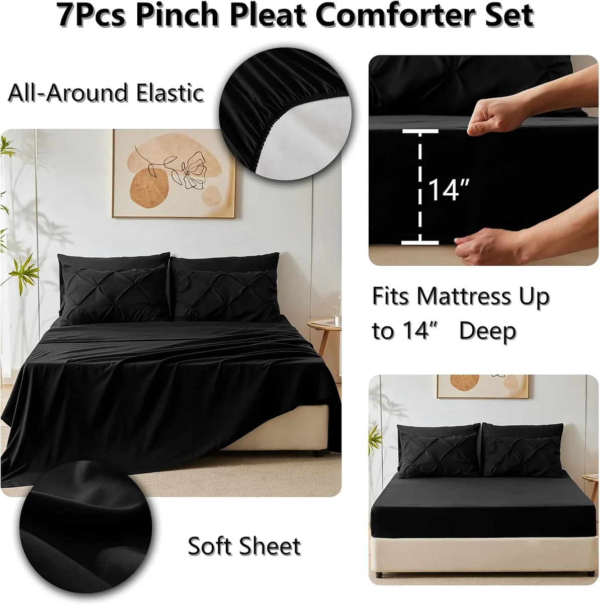 CozyLux Queen Comforter Set Black 7 Pieces Pintuck Bed in A Bag Pinch Pleat Microfiber - New image 5