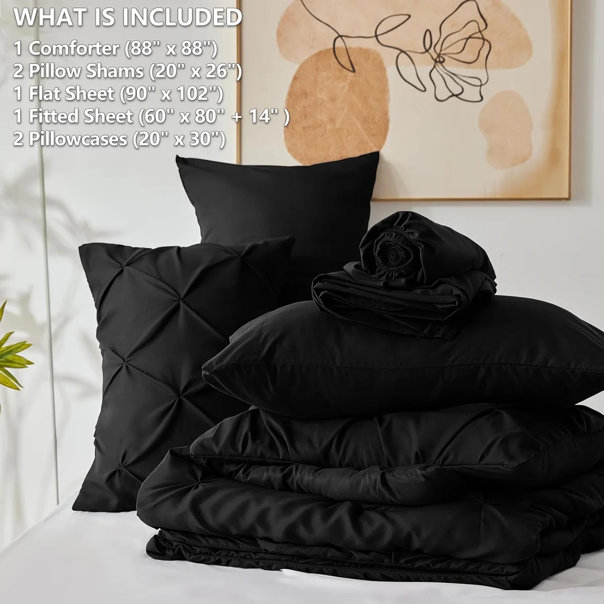 CozyLux Queen Comforter Set Black 7 Pieces Pintuck Bed in A Bag Pinch Pleat Microfiber - New image 6