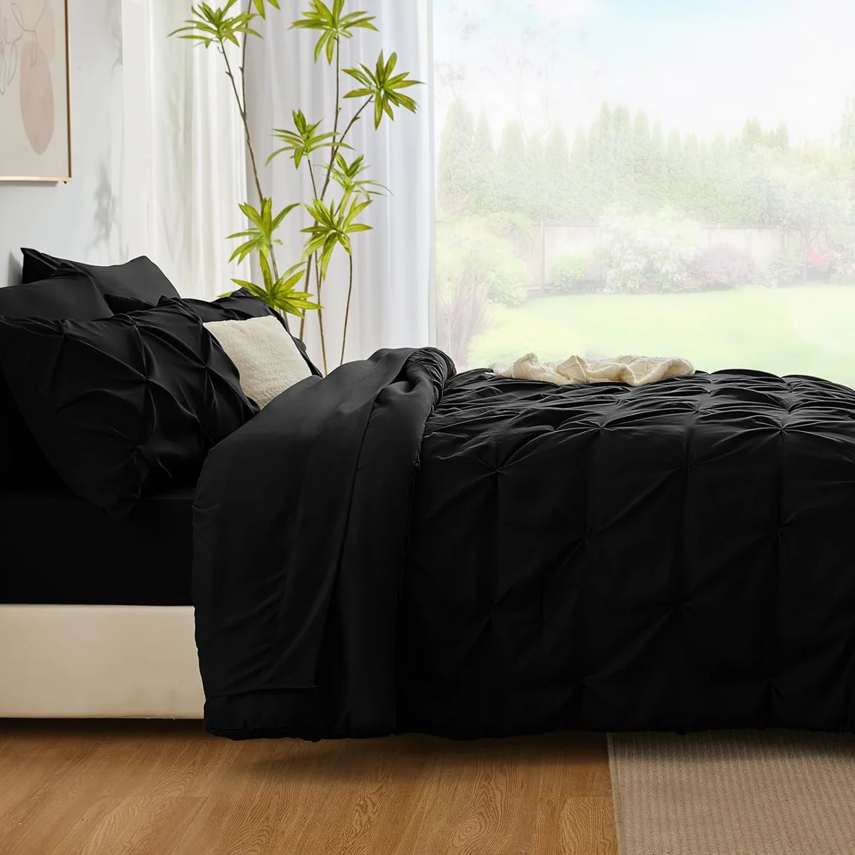 CozyLux Queen Comforter Set Black 7 Pieces Pintuck Bed in A Bag Pinch Pleat Microfiber - New image 8