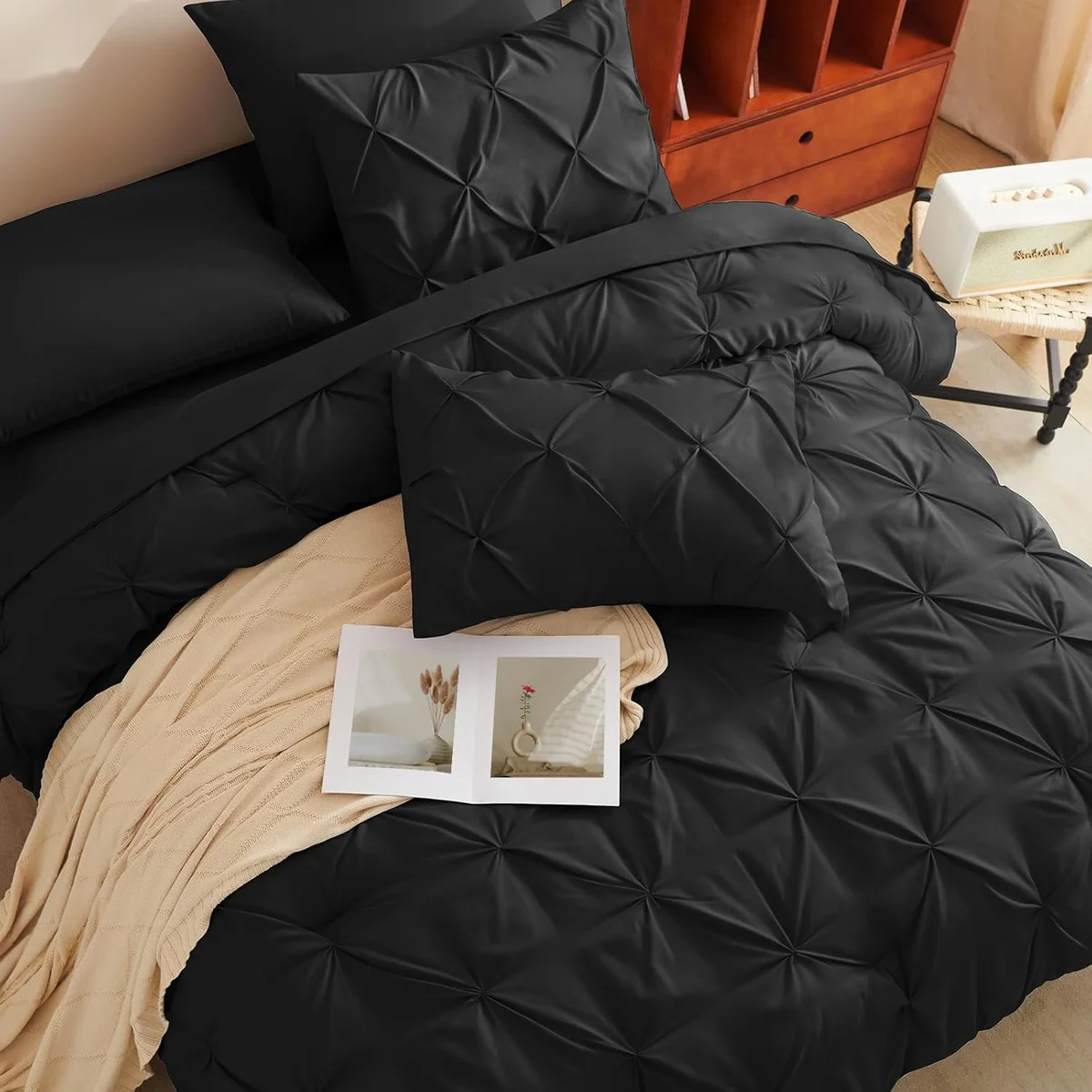 CozyLux Queen Comforter Set Black 7 Pieces Pintuck Bed in A Bag Pinch Pleat Microfiber - New image 9