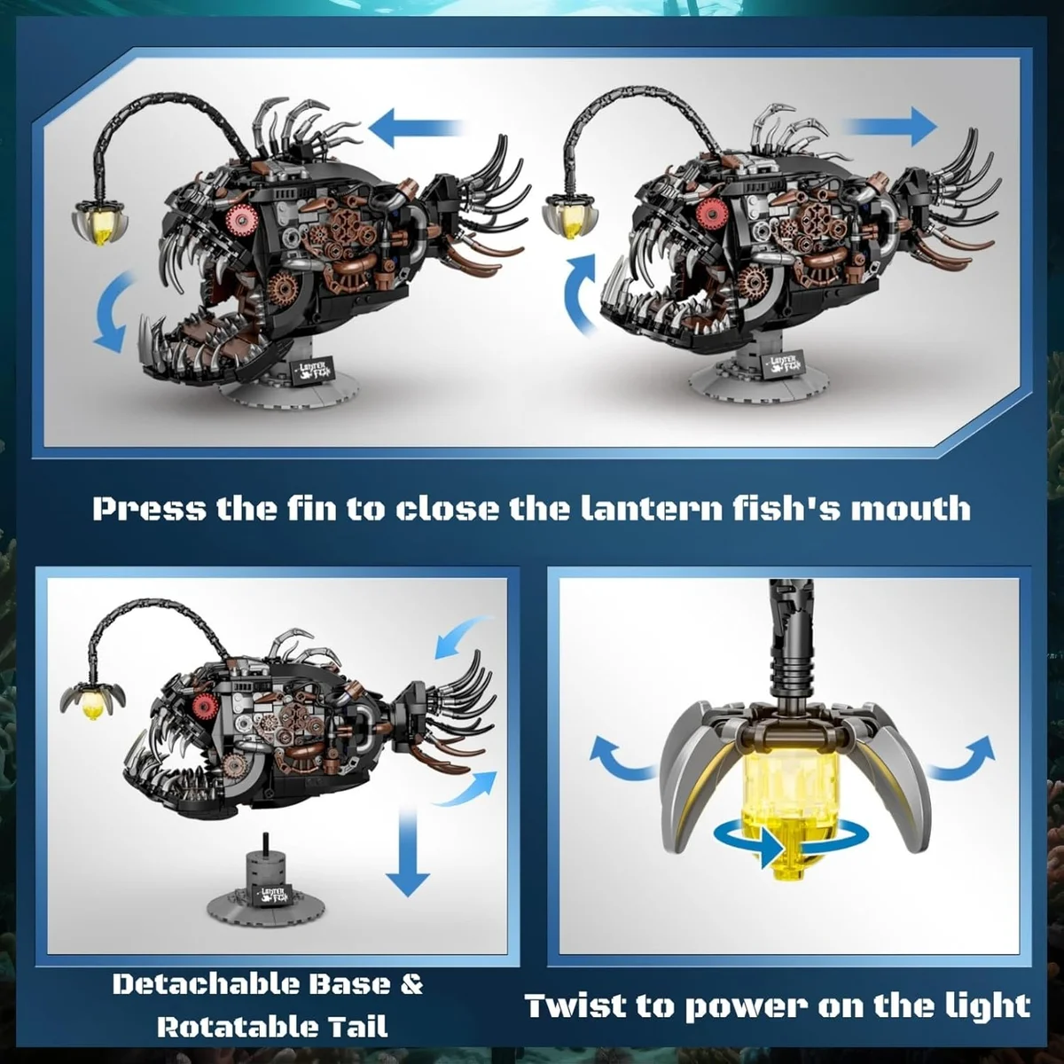 PIVONAX Mechanical Angler Fish Building Block Set 7042 STEM Toy 1038+ Pieces Black New image 4