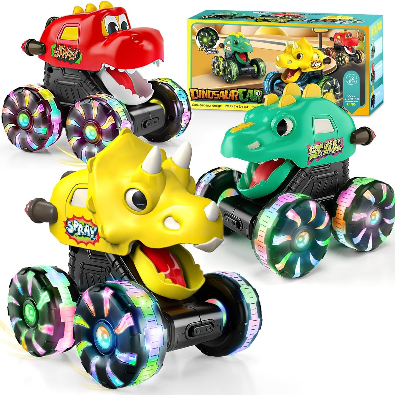 NARRIO Dinosaur Monster Trucks for Toddlers Light-Up Truck Moving Mouth 3 Pack Yellow-Green-Red New