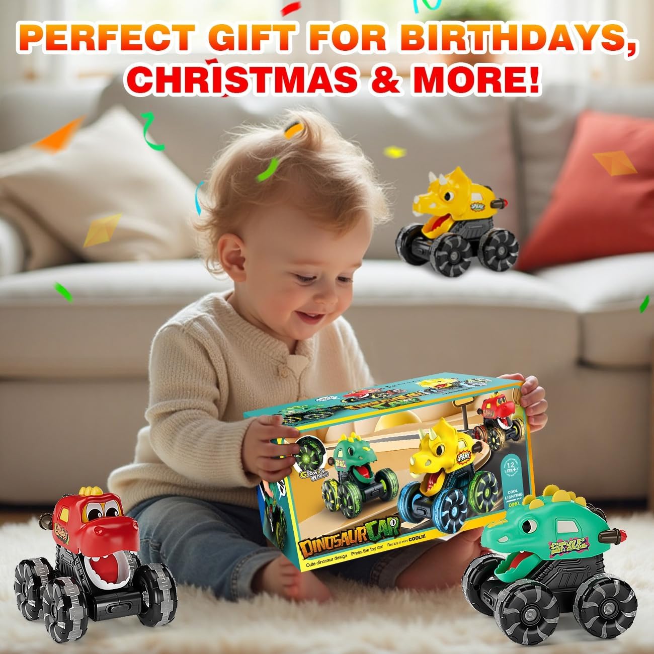 NARRIO Dinosaur Monster Trucks for Toddlers Light-Up Truck Moving Mouth 3 Pack Yellow-Green-Red New image 7