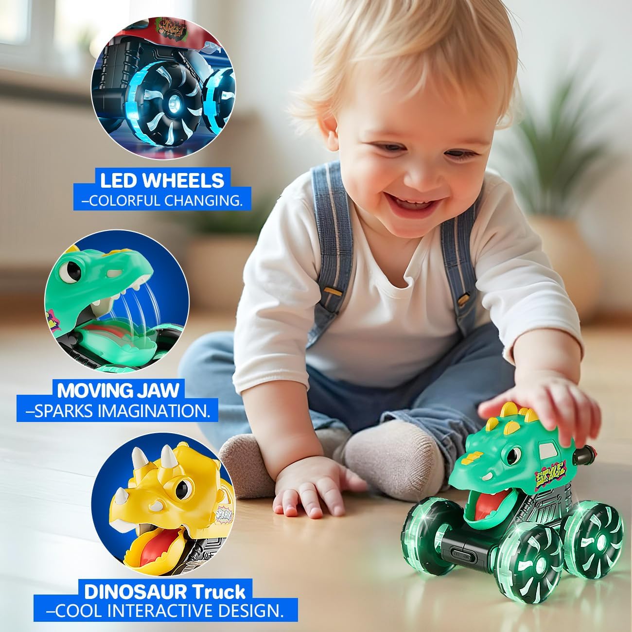 NARRIO Dinosaur Monster Trucks for Toddlers Light-Up Truck Moving Mouth 3 Pack Yellow-Green-Red New image 9
