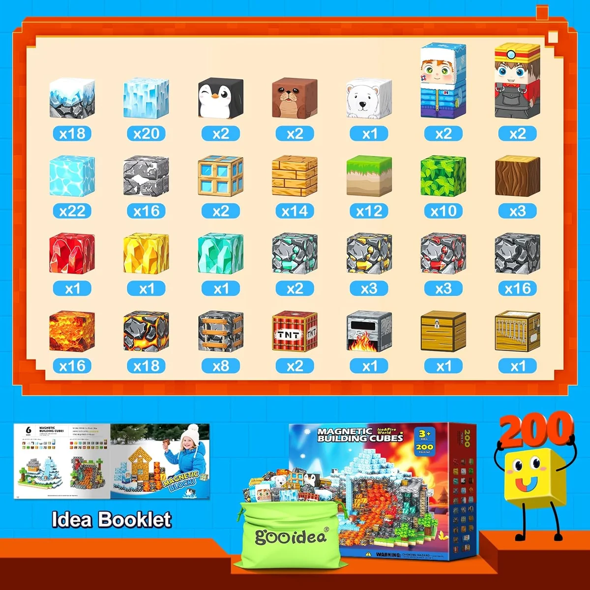 Gooidea Magnetic Blocks 200PCS DL-M95 Educational Building Set Ice and Fire New image 6