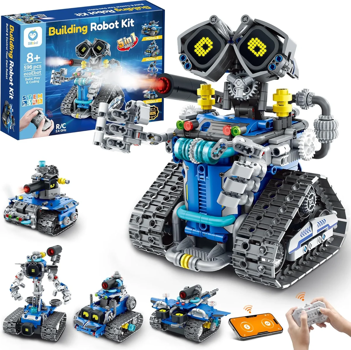 Sillbird STEM Robot Building Kit 5-in-1 Remote Control Coding Toy 596 Pieces Blue New