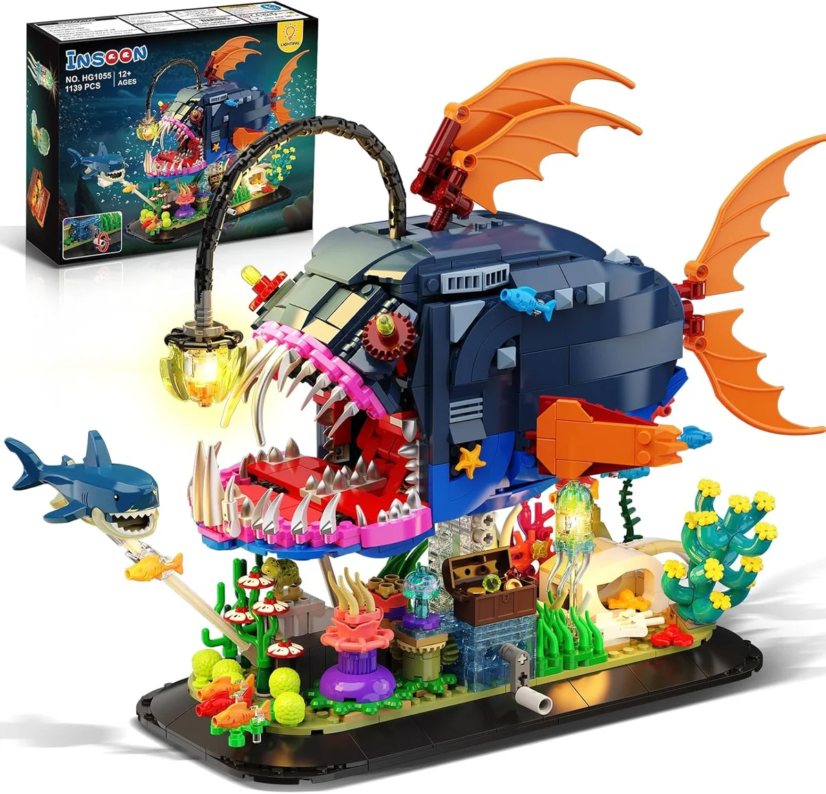 INSOON Mechanical Angler Fish Building Set HG1055 1139 PCS with Lights Blue, Green, Black, Red, Yellow New