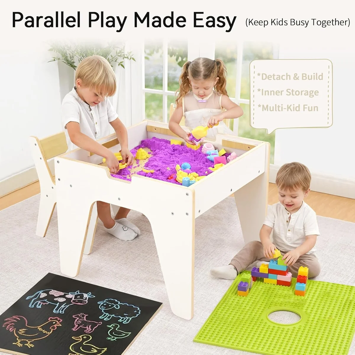 WINGYZ 4-in-1 Wooden Kids Activity Table WZ291001 22''D x 21''W x 18''H Birch Marine Plywood 1 Table + 2 Chairs New image 2