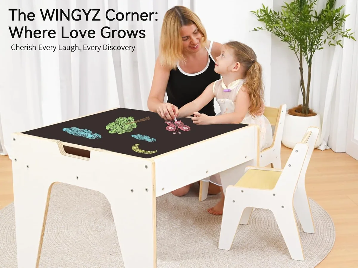 WINGYZ 4-in-1 Wooden Kids Activity Table WZ291001 22''D x 21''W x 18''H Birch Marine Plywood 1 Table + 2 Chairs New image 7