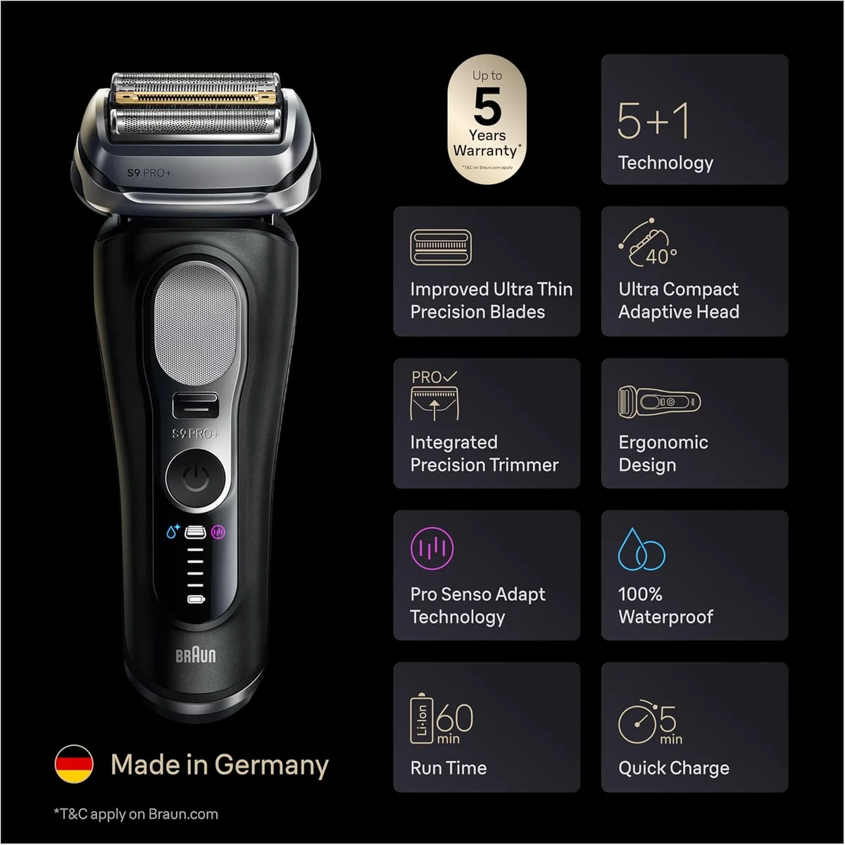 Braun Series 9 PRO+ Electric Shaver 9660CCPS Pro SensoAdapt Wet & Dry Black New image 2
