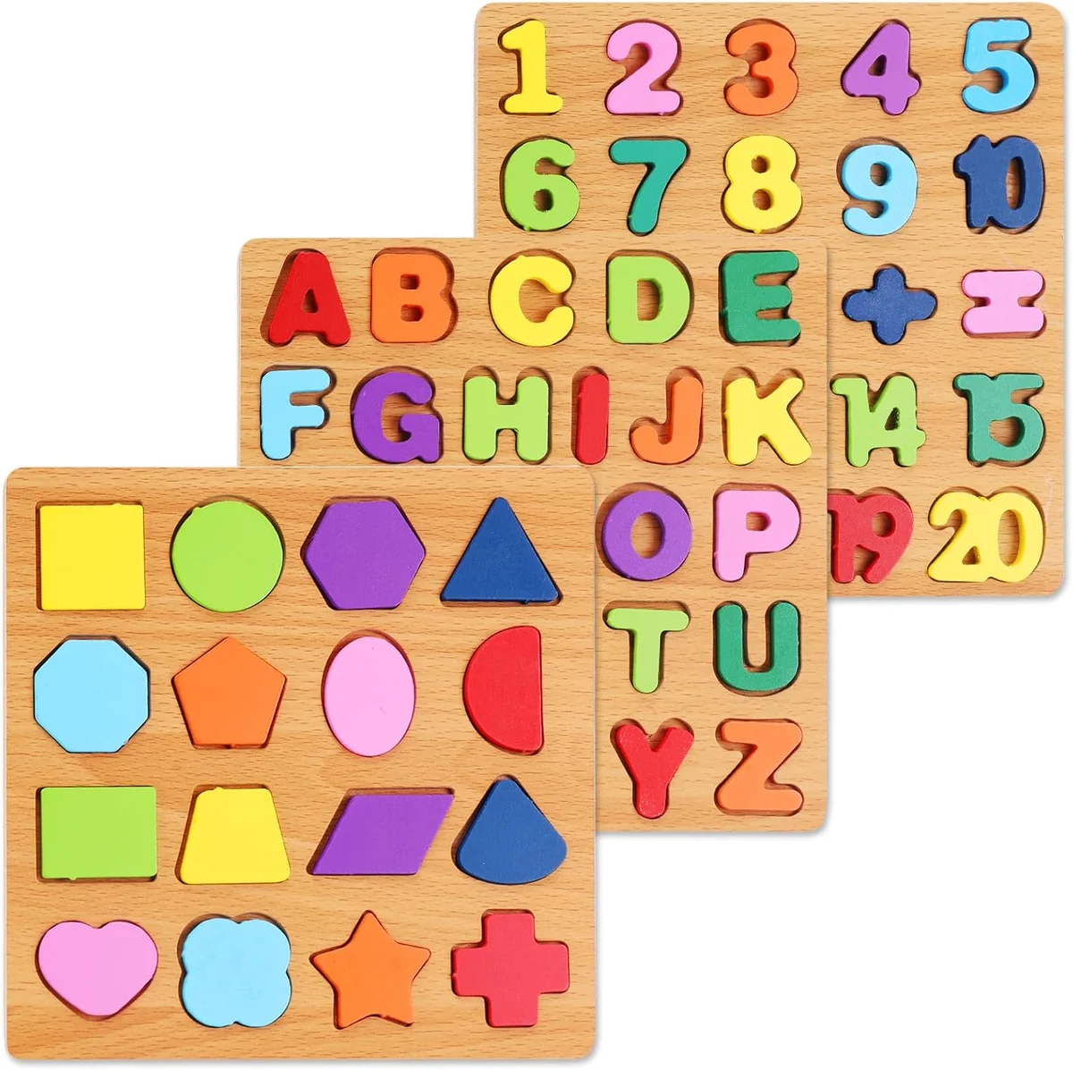 NASHRIO Alphabet Wooden Puzzles for Toddlers 3-5 ABC Number Shape Educational Toys 3-Pack Set New