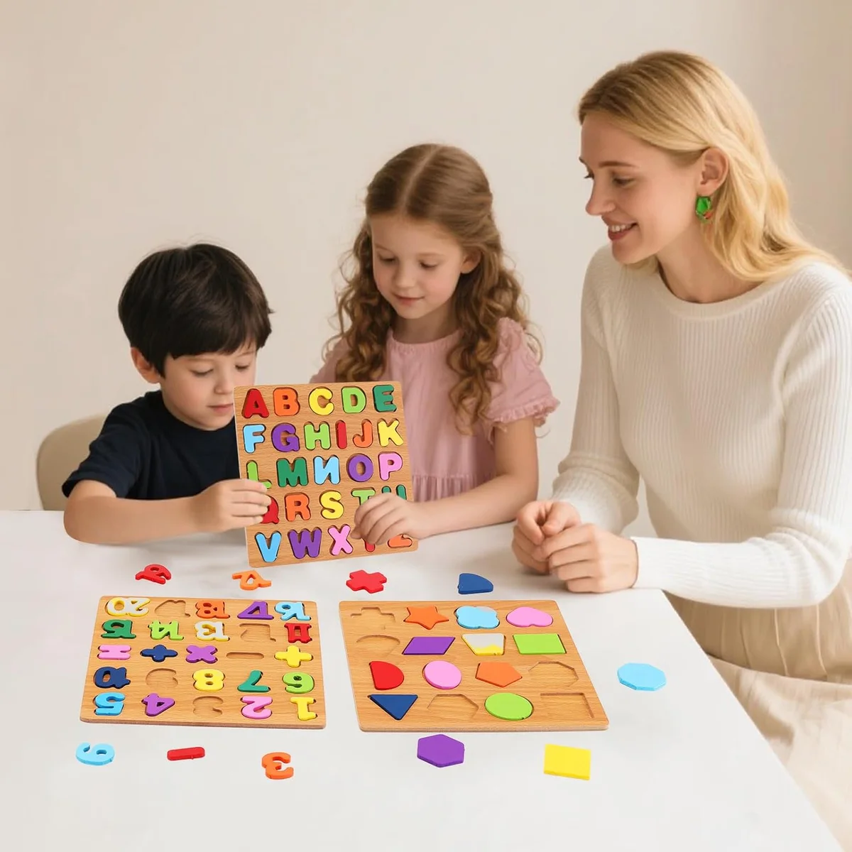 NASHRIO Alphabet Wooden Puzzles for Toddlers 3-5 ABC Number Shape Educational Toys 3-Pack Set New image 6