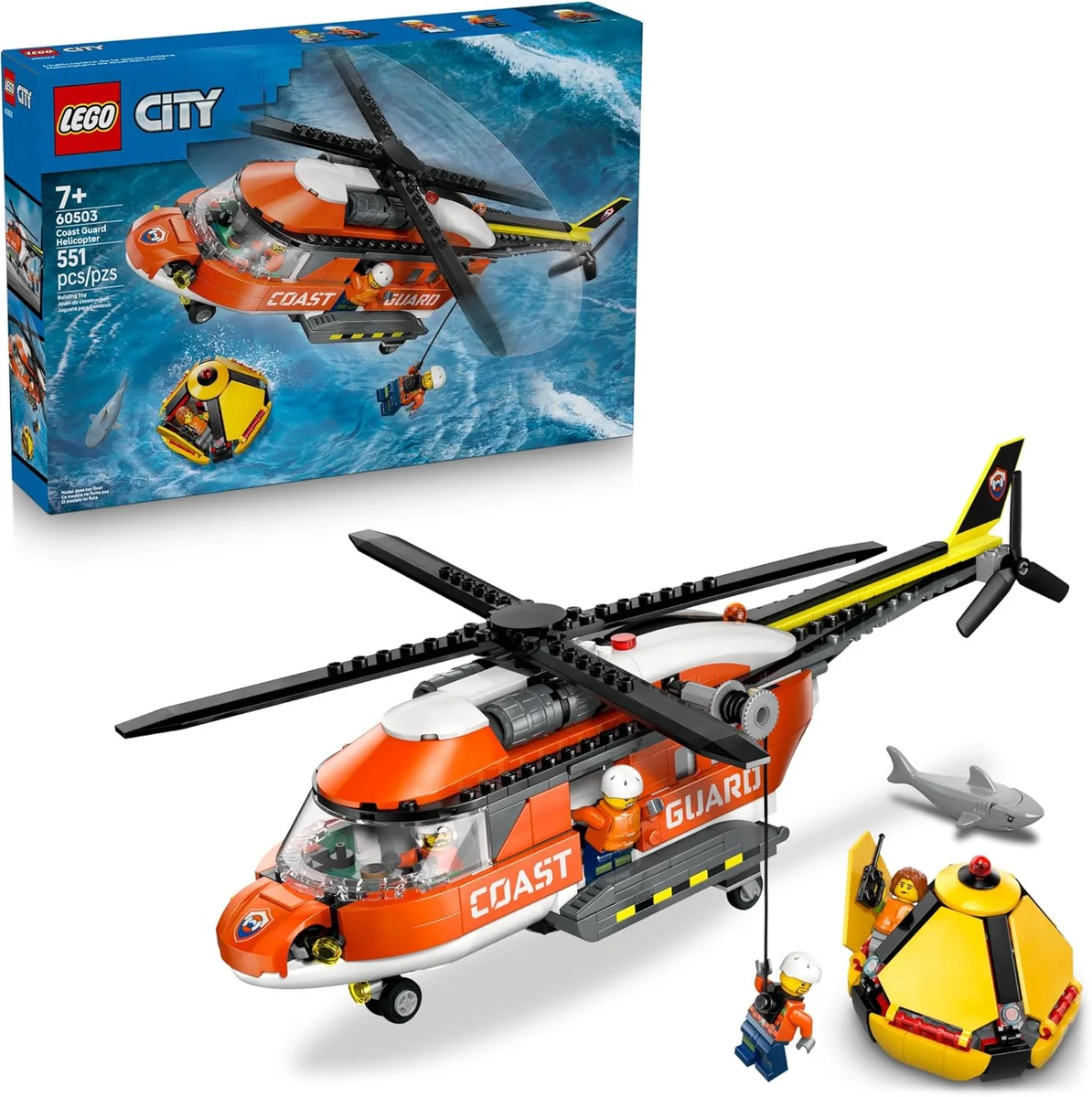 LEGO City Coast Guard Helicopter Building Toy 60503 - Includes 4 Minifigures, Shark, & Rescue Pod Multicolor New