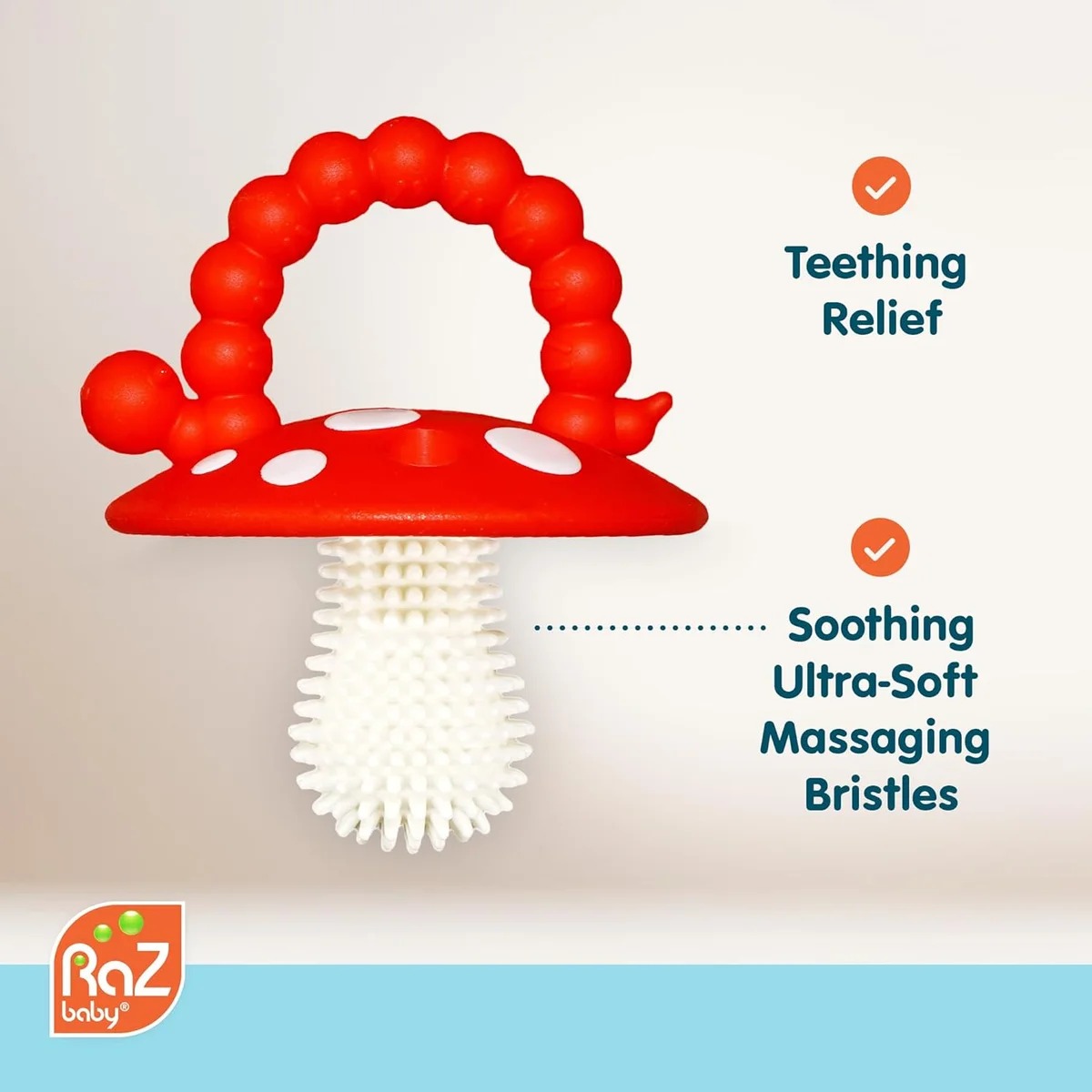 RaZbaby Soft Silicone Infant & Baby Teether Toy 308-CM-RG-POUCH - Massaging Bristles, BPA Free, Red/Green - New image 2