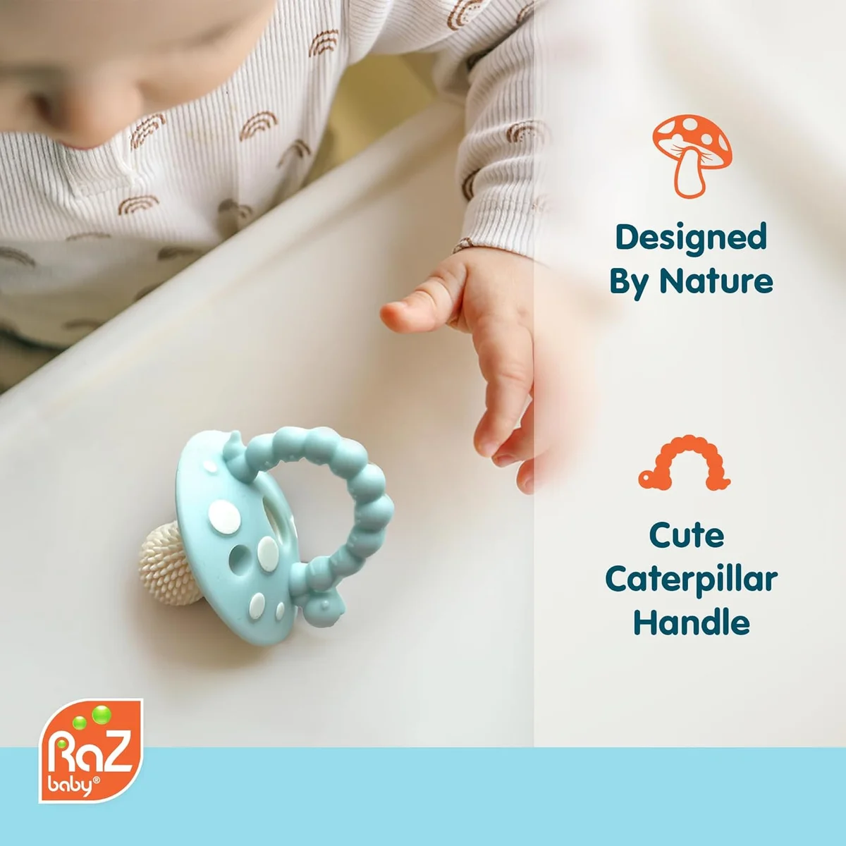 RaZbaby Soft Silicone Infant & Baby Teether Toy 308-CM-RG-POUCH - Massaging Bristles, BPA Free, Red/Green - New image 3