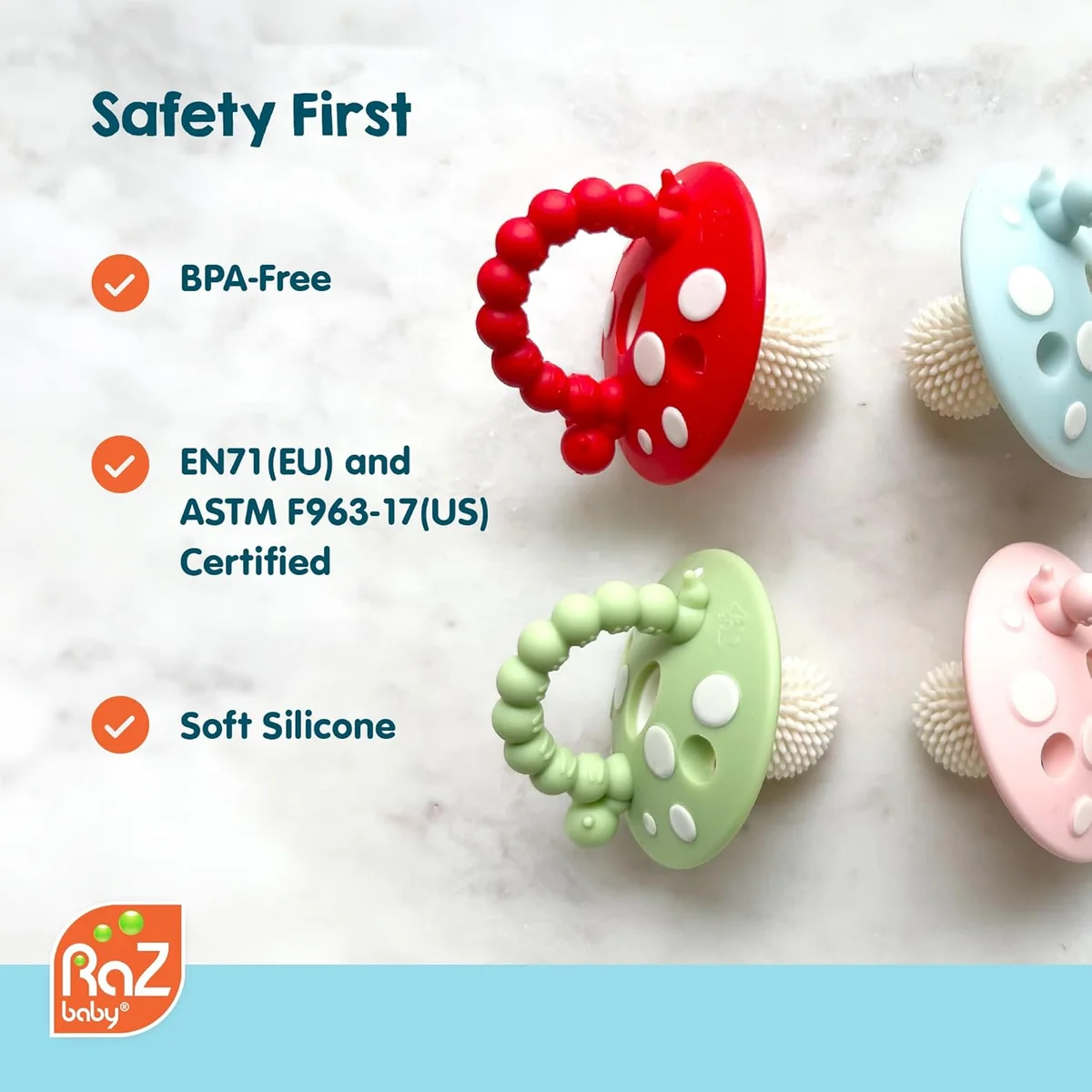 RaZbaby Soft Silicone Infant & Baby Teether Toy 308-CM-RG-POUCH - Massaging Bristles, BPA Free, Red/Green - New image 6
