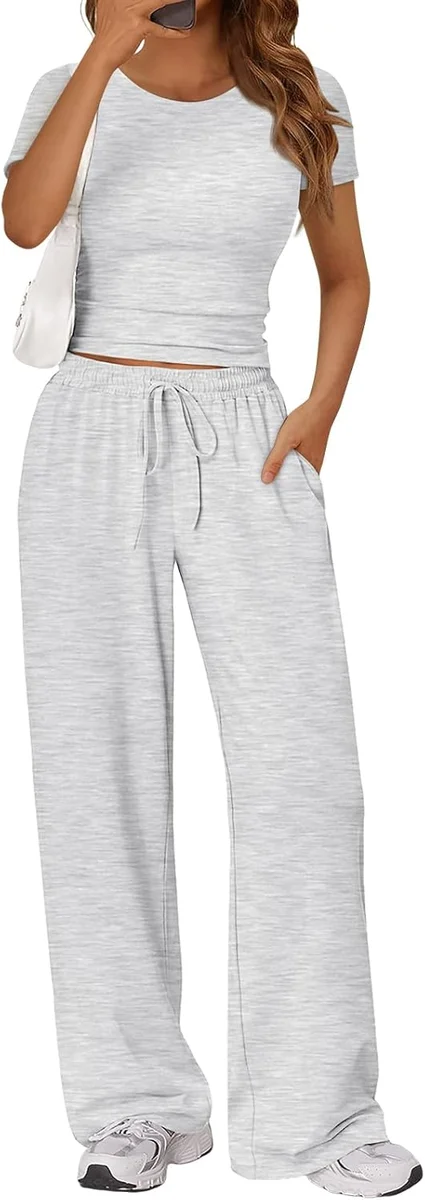 Trendy Queen 2 Piece Matching Summer Lounge Set TRDOOSE0402 Side Ruching Top Wide Leg Pants with Pockets Oatmeal Grey New