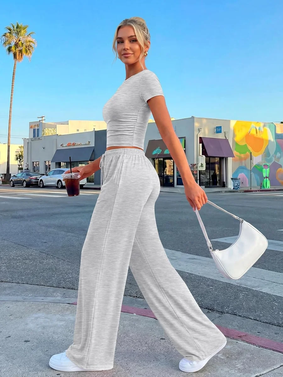 Trendy Queen 2 Piece Matching Summer Lounge Set TRDOOSE0402 Side Ruching Top Wide Leg Pants with Pockets Oatmeal Grey New image 3