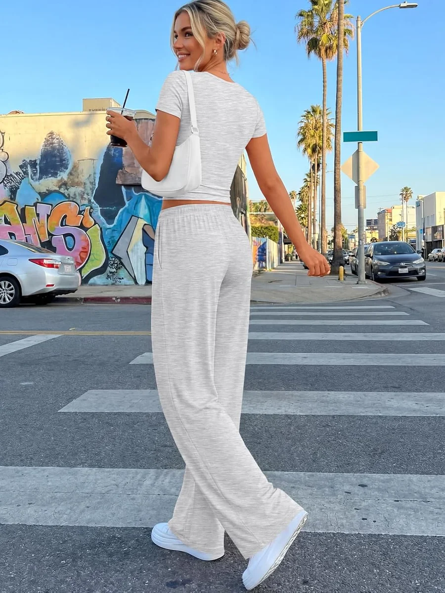 Trendy Queen 2 Piece Matching Summer Lounge Set TRDOOSE0402 Side Ruching Top Wide Leg Pants with Pockets Oatmeal Grey New image 4