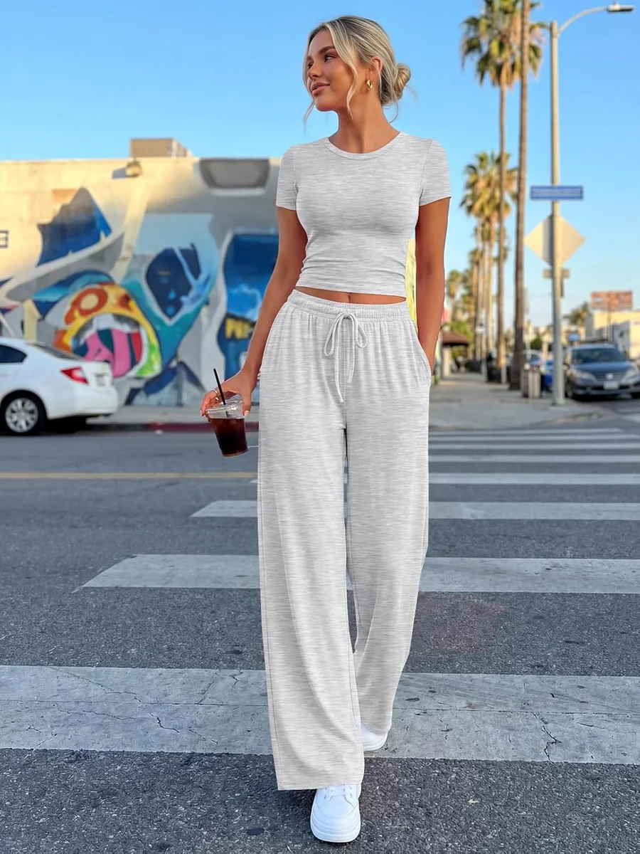 Trendy Queen 2 Piece Matching Summer Lounge Set TRDOOSE0402 Side Ruching Top Wide Leg Pants with Pockets Oatmeal Grey New image 6