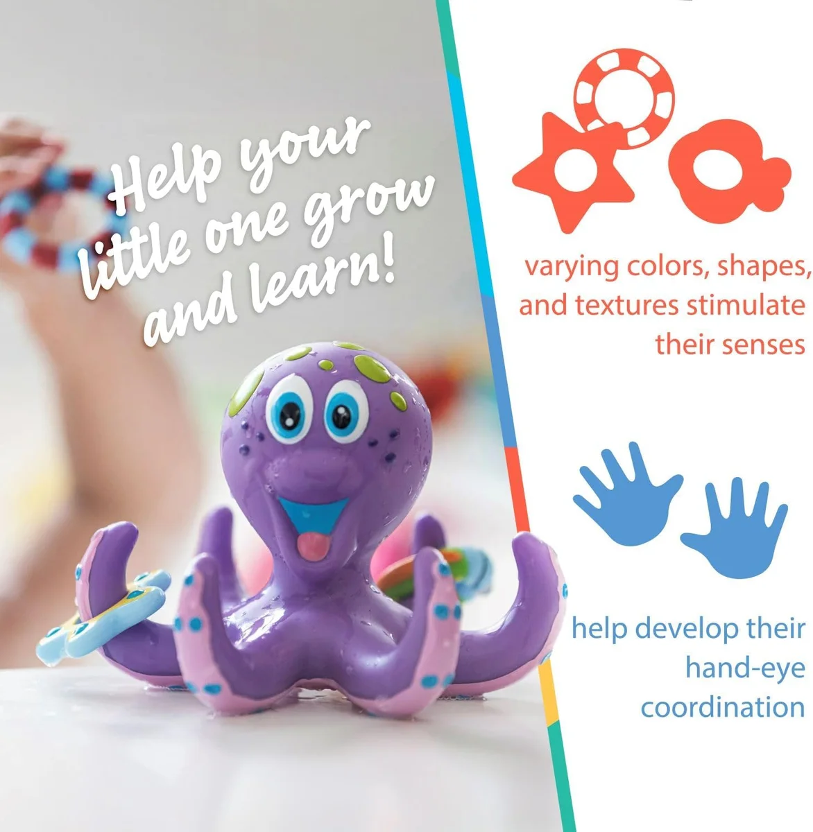 Nuby Floating Octopus Bath Toy 6257 with 3 Hoopla Rings - Rubber - New image 2