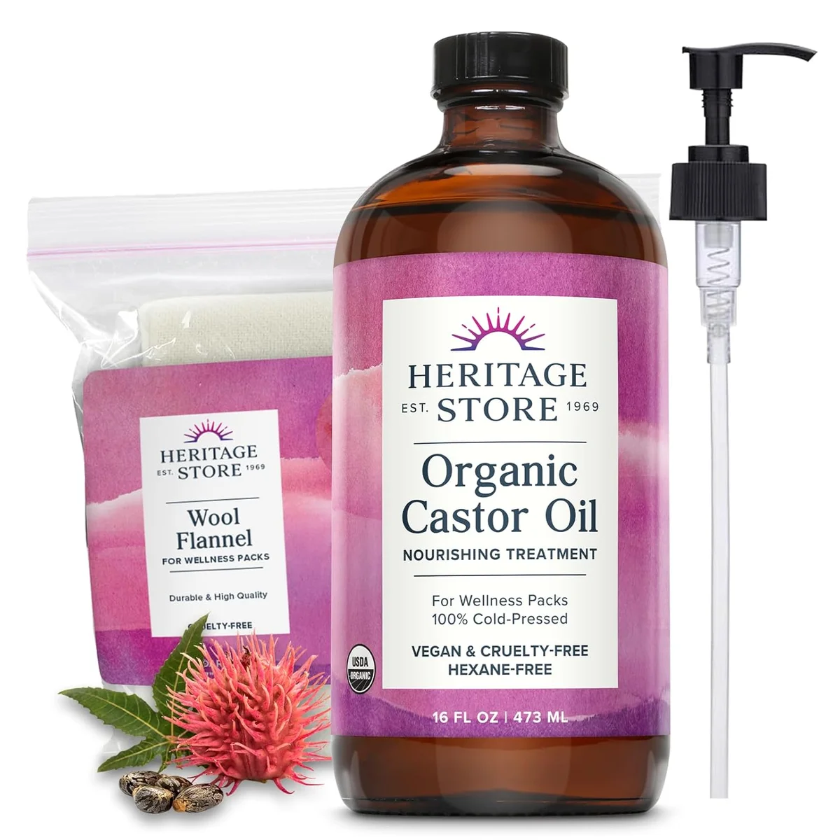 HERITAGE STORE Organic Castor Oil Pack Wrap Kit 16oz Cold Pressed with Wool Flannel New image 7