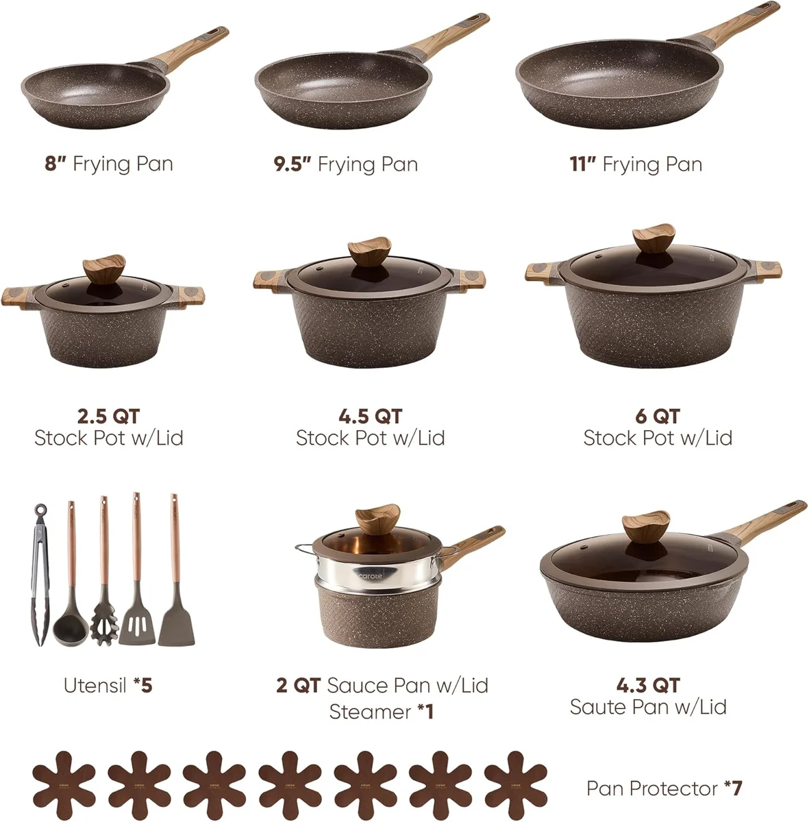 CAROTE 26PCS Pots and Pans Set Non Stick A12863 Induction Compatible Aluminum Brown New image 2