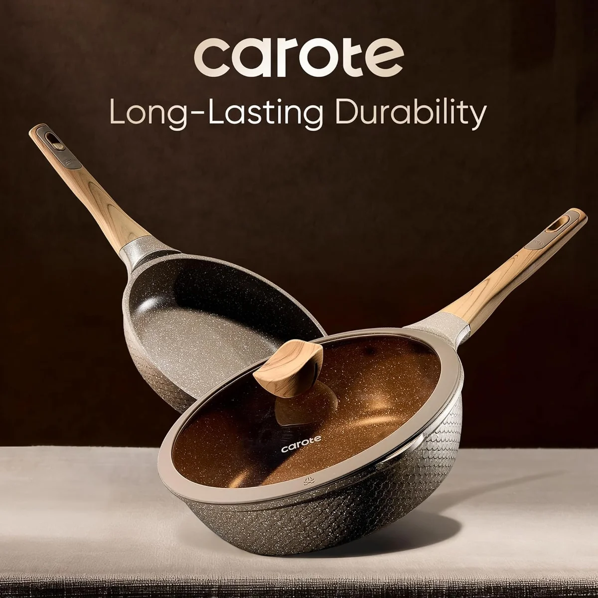 CAROTE 26PCS Pots and Pans Set Non Stick A12863 Induction Compatible Aluminum Brown New image 6