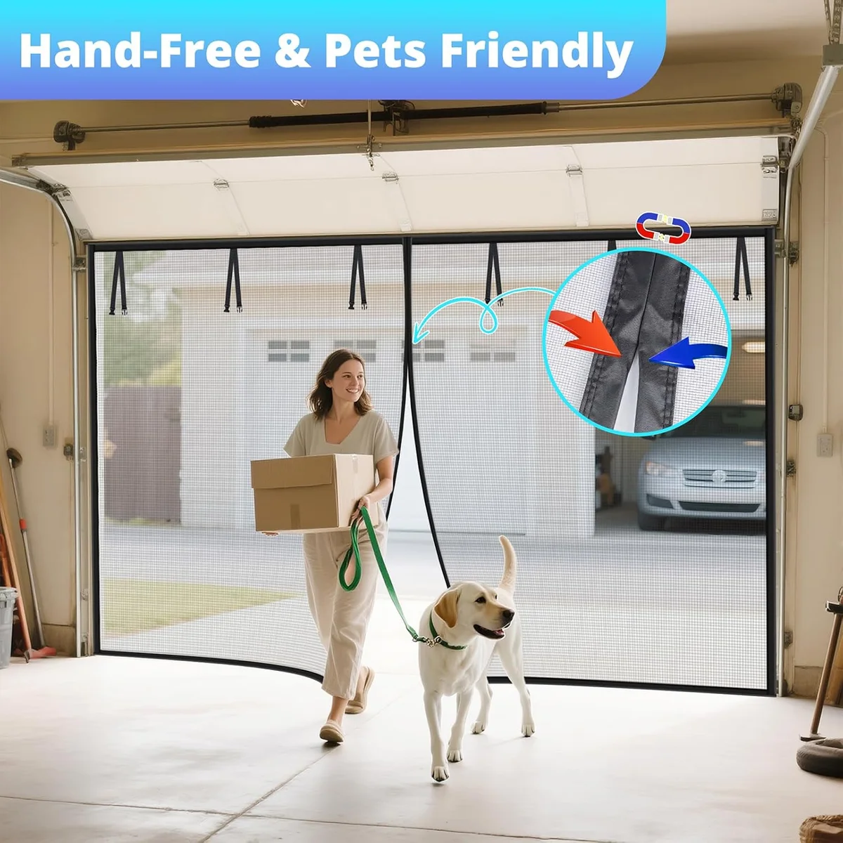 FEGO Garage Door Screen 16x7FT, Magnetic Screen Door with Retractable Fiberglass Mesh and Heavy Duty Weighted Bottom, Easy Assembly&Pass, Hands Free w/ 40 Magnets for 2 Car Garage/Patio/Small Shop image 5