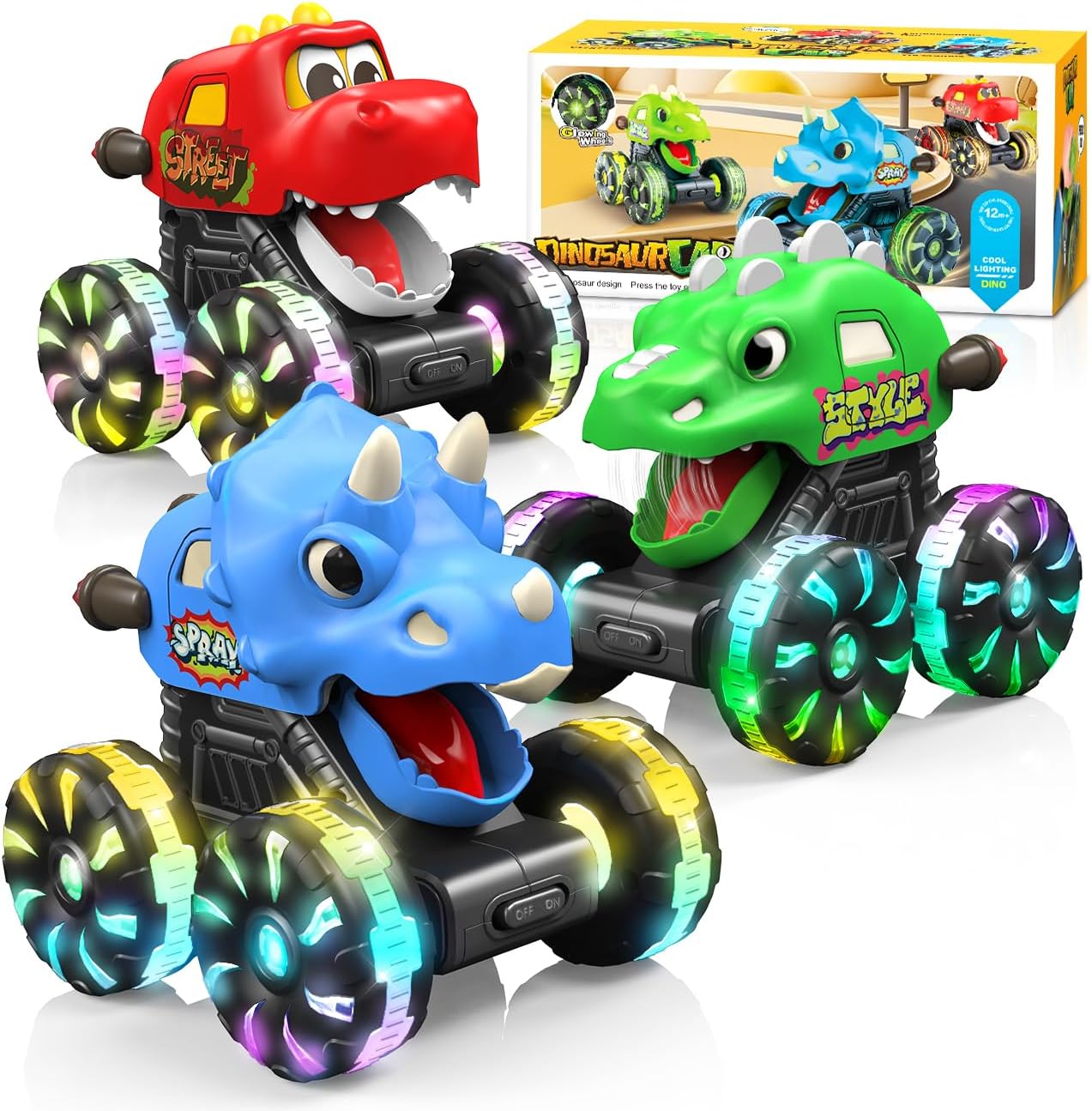 NARRIO Dinosaur Monster Trucks for Toddlers 2-4 Toy Cars 3 Pack Light-Up Truck Blue-Green-Red New