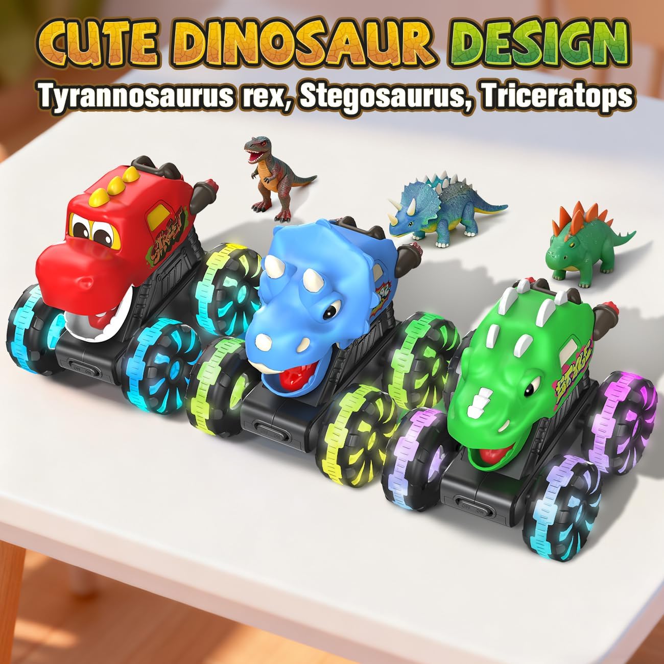 NARRIO Dinosaur Monster Trucks for Toddlers 2-4 Toy Cars 3 Pack Light-Up Truck Blue-Green-Red New image 4