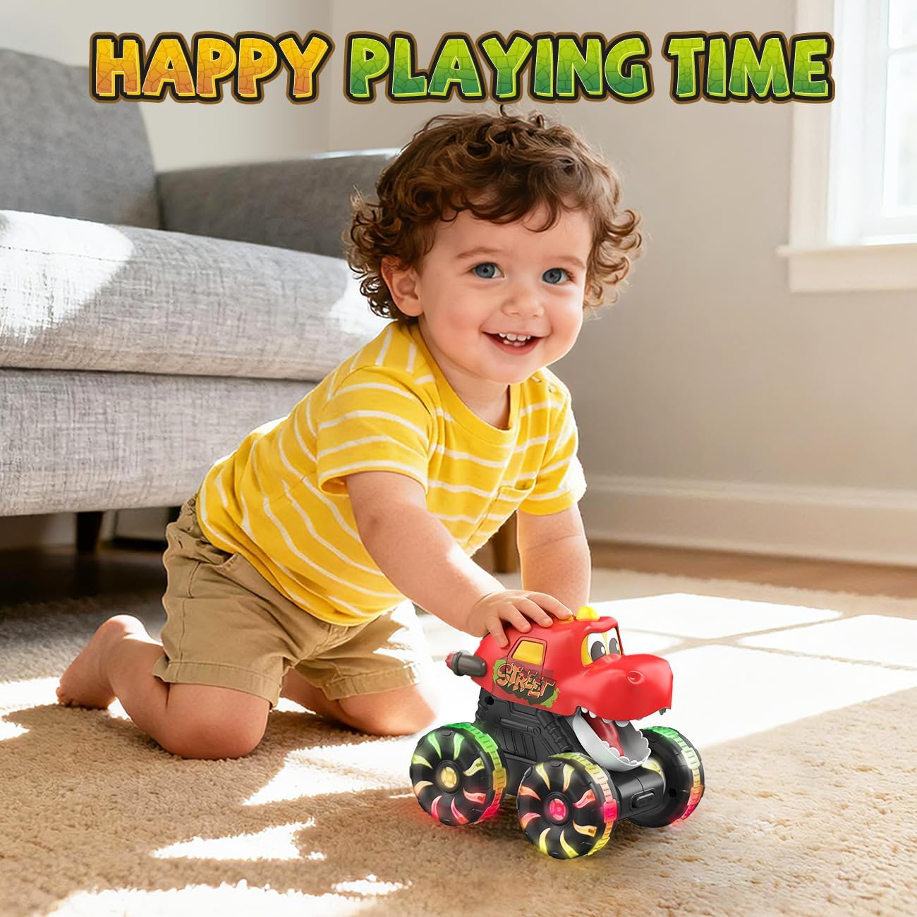 NARRIO Dinosaur Monster Trucks for Toddlers 2-4 Toy Cars 3 Pack Light-Up Truck Blue-Green-Red New image 6