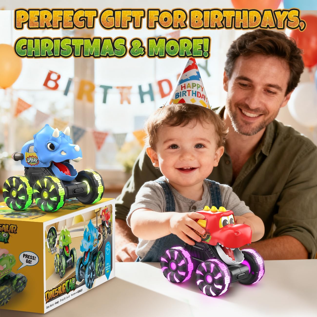 NARRIO Dinosaur Monster Trucks for Toddlers 2-4 Toy Cars 3 Pack Light-Up Truck Blue-Green-Red New image 7