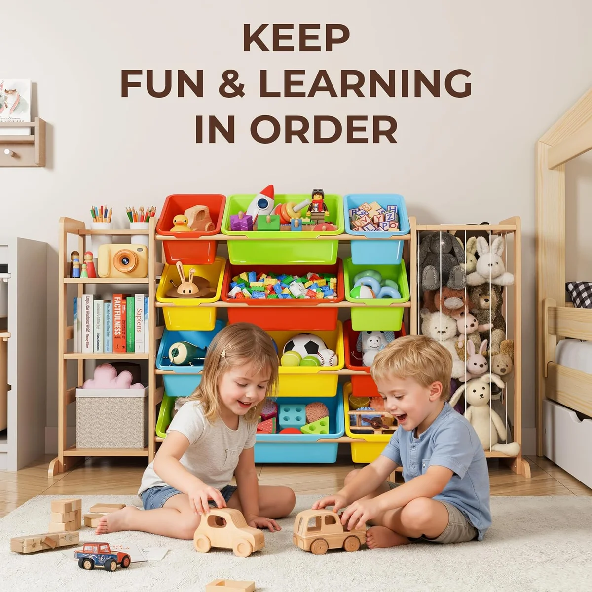 mirolam Toy Storage Organizer with Bookshelf and Stuffed Animal Storage - Playroom Organization with Shelves and 12 Bins - Living Room Box for Lego - Bedroom Decor Essentials image 2